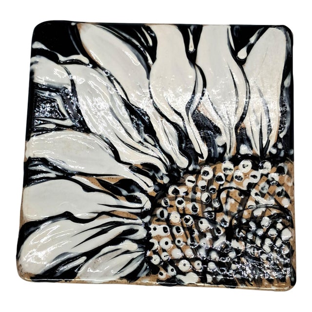1980s Painted Pottery Tile Trivet White and Black Flower Signed Jacob Koster For Sale