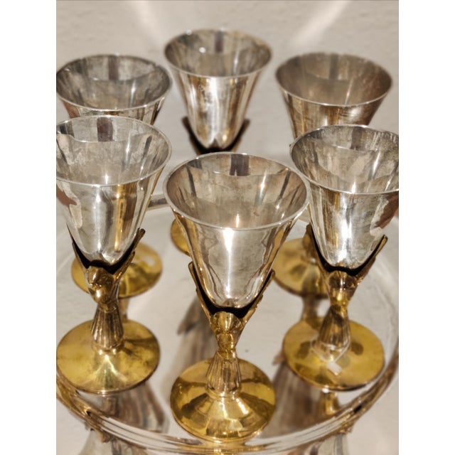 Art Deco Vintage Elegant Heavy Silver-Plate and Brass Sculpted Bird Cordial/Shot Goblets, Set of 10 For Sale - Image 3 of 6