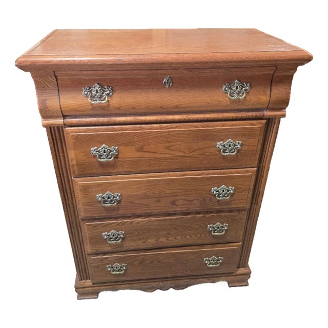 Vintage Vaughan-Bassett Oak Five-Drawer Highboy Chest For Sale