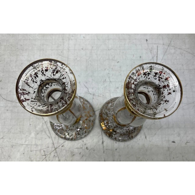 Pair of Vintage Cristallerie Italian Candle Holders Made of Hand Blown Art Glass With Gold Leaf For Sale - Image 4 of 5