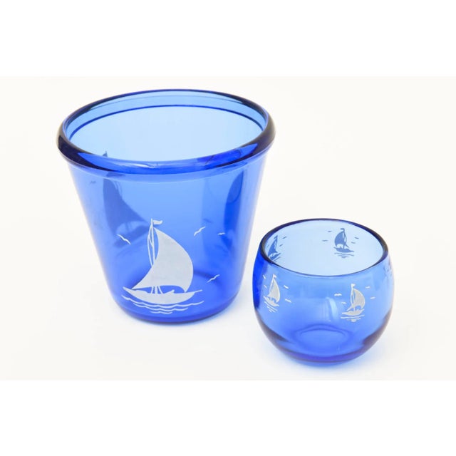 Vintage Light Royal Blue Glass Ice Bucket With Sailboat and Six Round Small Cordial Glasses For Sale - Image 4 of 11