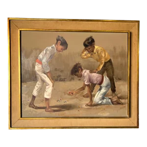1960's Menoolla Children Playing Marbles Oil on Canvas Painting