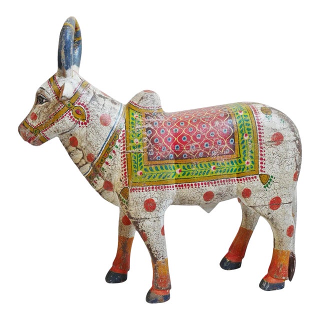 Antique Wood Painted Brahma Cow For Sale