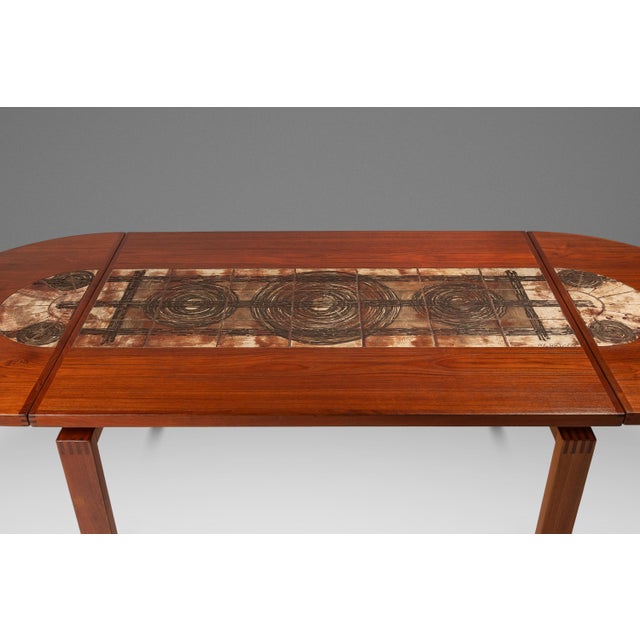 Restored Danish Modern Expansion Dropleaf Dining Table in Teak W/ Tile Inlay by Ox Art for Ansager Møbler, Denmark, C. 1977 For Sale - Image 9 of 18
