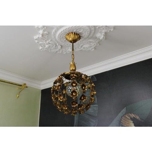Hollywood Regency Style Gilt Metal Floral Sphere Pendant Light, Italy, 1970s For Sale - Image 9 of 18