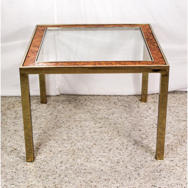 This is a very cool mid century modern square side table that features a brass parsons style frame and a removable glass...