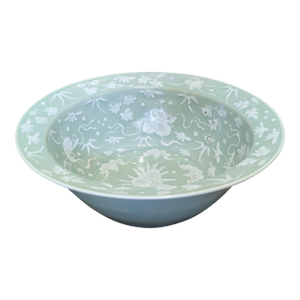 A Large Antique Chinese Celadon Porcelain Wash Basin With Slip Decoration