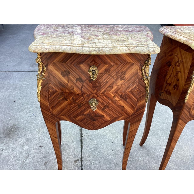 Stunning French Inlay Night Tables W/Marble For Sale In New York - Image 6 of 10