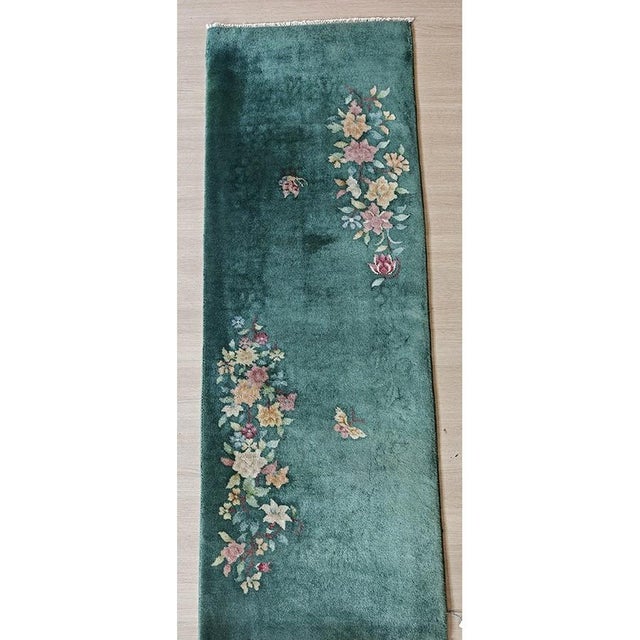 Art Deco 1920s Small Wool Pile Green Open Field Antique Floral Chinese Deco Throw Rug For Sale - Image 3 of 8