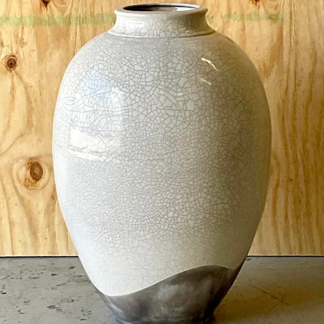 Vintage Boho Crackle Glaze Raku Floor Vase For Sale - Image 12 of 12