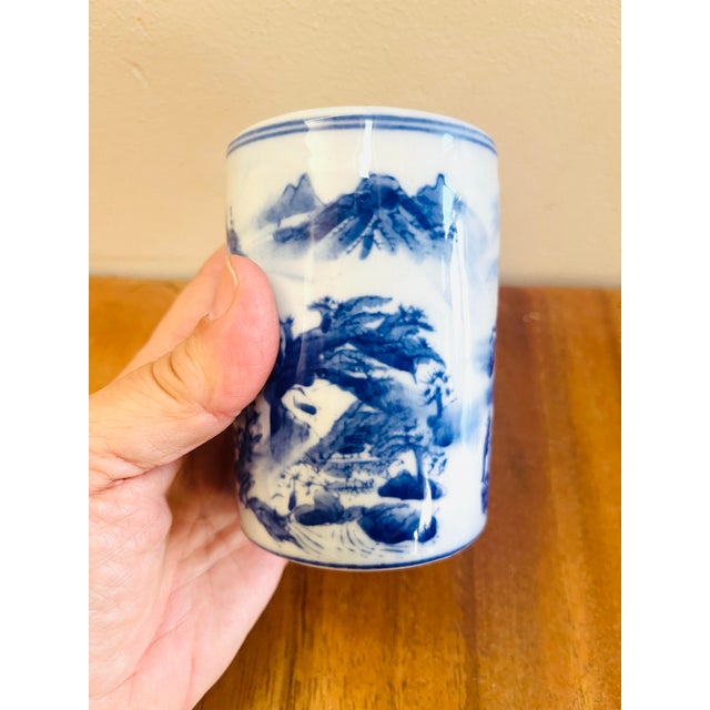 Chinoiserie Blue and White Vintage Brush Pot With Traditional Hands Painted Scenery For Sale - Image 4 of 9