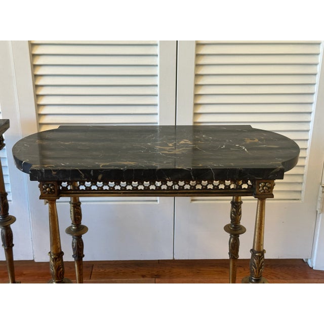 Vintage Italian Portoro Marble Top SideTables With Ornate Gilded Metal Bases - Pair For Sale - Image 10 of 15