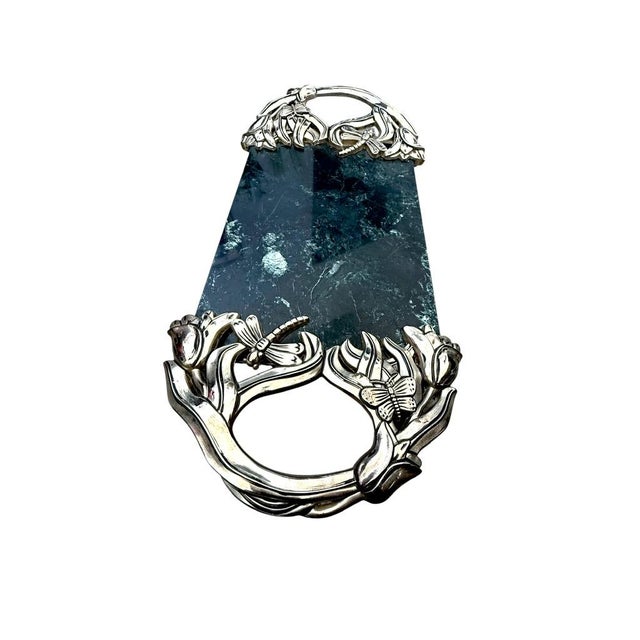 Elegant marble serving platter featuring intricate silver handles with Dragonfly, butterfly and floral motifs, designed...