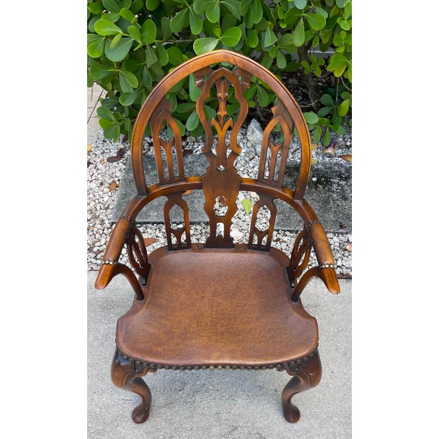 Brown Vintage Gothic Revival Windsor Armchair Attributed to Theodore Alexander For Sale - Image 8 of 14