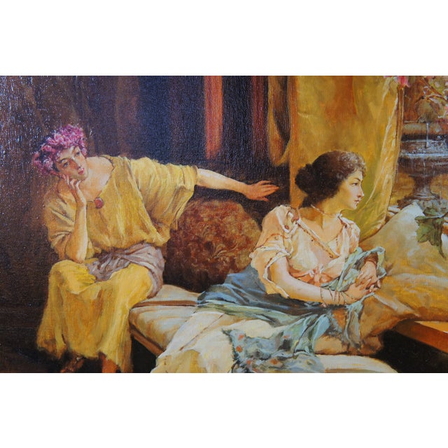 Wood Mid 20th Century Vain Courtship Classical Oil Painting After Sir Lawrence Alma-Tadema For Sale - Image 7 of 12