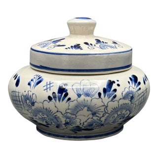 Vintage Hand Painted Delft Deco Blue and White Ceramic Lidded Jar With Windmill and Floral Design For Sale
