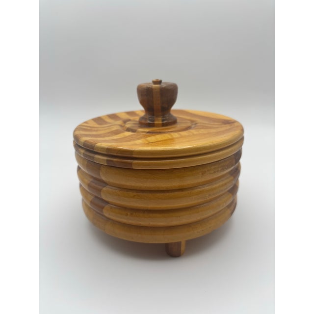 1990s 1996 Handcrafted Laminated Wood Lidded Bowl With Geometric Inlay For Sale - Image 5 of 11