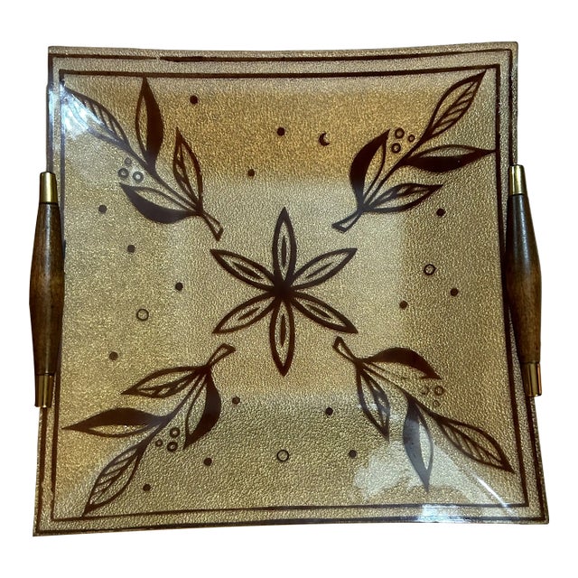 Georges Briard Vintage Glass Serving Tray With Wood Handles & Brass Details For Sale