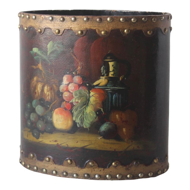 English Style Arts & Craft Tole Hand Painted Fruit Still Life Oval Wastebasket Nailhead Detail Vintage Mid-Century For Sale
