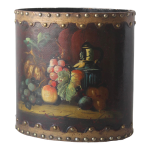 English Style Arts & Craft Tole Hand Painted Fruit Still Life Oval Wastebasket Nailhead Detail Vintage Mid-Century