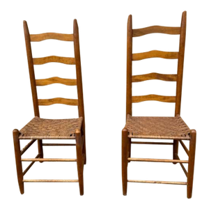 Early 20th Century Pair of Antique Early American Primitive Style Ladder Back Woven Cane Seat Side Chairs