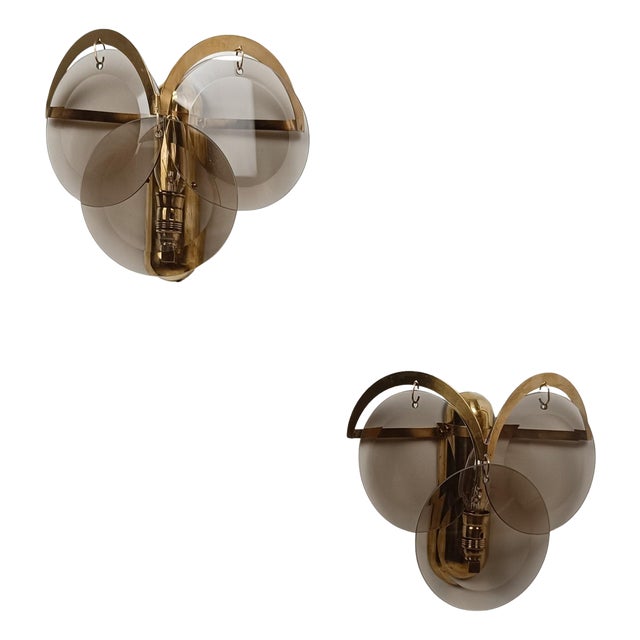 Sconces in Brass and Smoked Bevelled Glass Discs by Sciolari, Italy, 1970s, Set of 2 For Sale