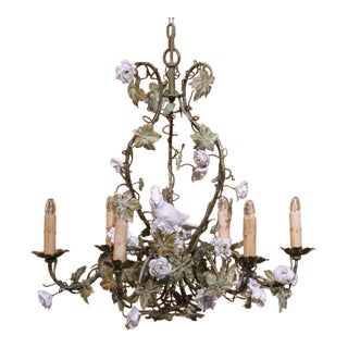 Early 20th Century French Floral Six-Light Metal Chandelier With Porcelain Bird For Sale