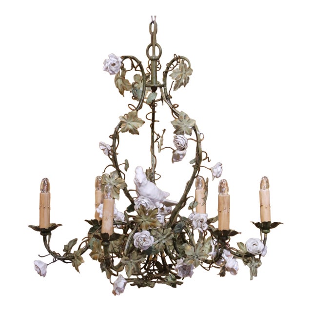 Early 20th Century French Floral Six-Light Metal Chandelier With Porcelain Bird For Sale