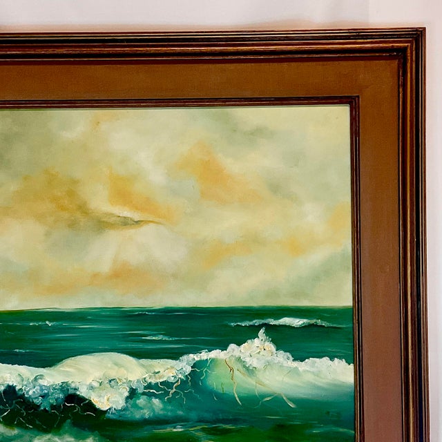 Emerald 1972 Vintage Coastal Impressionist Original Seascape Oil Painting - Artist Signed, Framed For Sale - Image 8 of 12