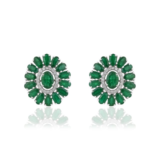 Art Deco Contemporary Emerald & Diamond Floral Stud Earrings in 14k White Gold- A Pair For Sale - Image 3 of 12