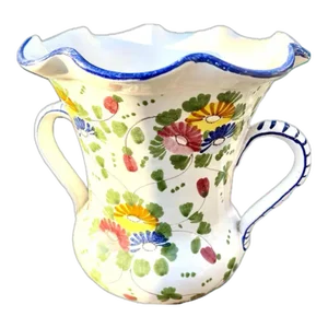 French Vintage Terracotta Vase – Hand-Painted White & Blue Floral Design