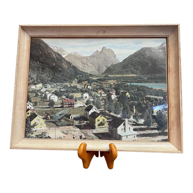 Vintage Framed Original Tinted Photograph of Mountain Side Cityscape. For Sale