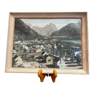 Vintage Framed Original Tinted Photograph of Mountain Side Cityscape.
