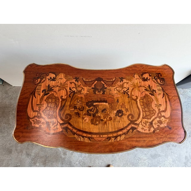 1940s 1940s Louis XV Style Inlaid Writing Desk With Ormolu Mounts & Marquetry Top For Sale - Image 5 of 15