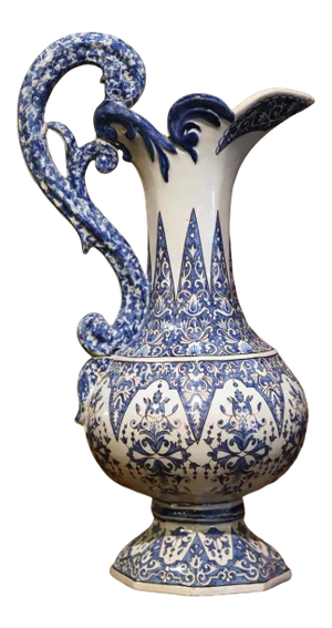 19th Century French Hand Painted Blue and White Faience Ewer Signed Hr Quimper
