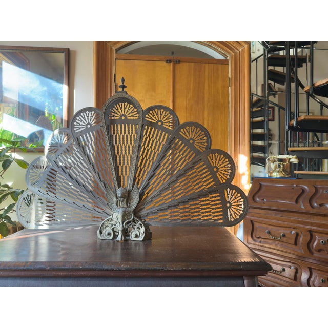 Brass Antique Brass Peacock Folding Fan Fireplace Screen For Sale - Image 8 of 10