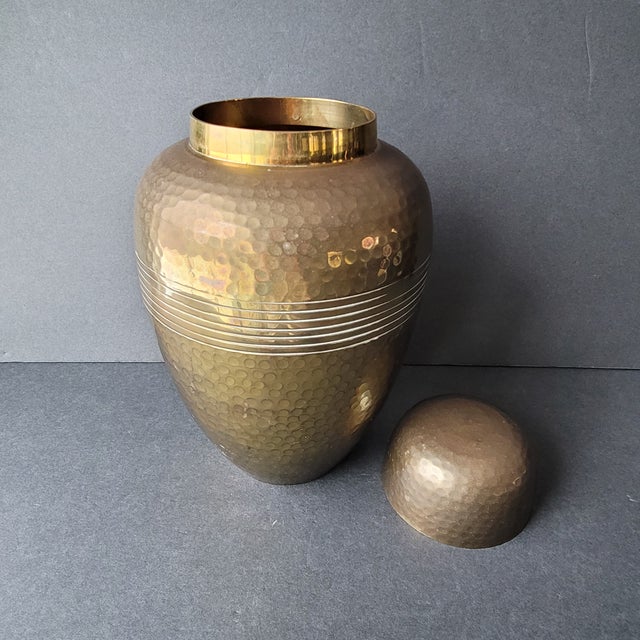 Indian Large Vintage Hammered Solid Brass Urn Ginger Jar With Lid 10.75" Tall For Sale - Image 3 of 6