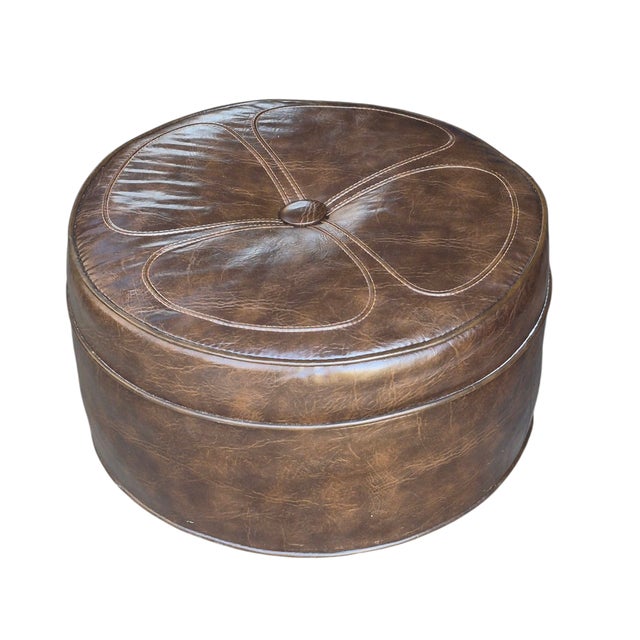 1960s Retro Mid-Century Modern Brown Leatherette Daisy Top Ottoman Foot Stool on Wheels For Sale - Image 9 of 9