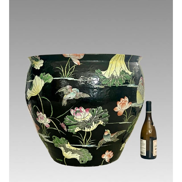 Chinoiserie Huge Chinese Famille Noire Black Porcelain Jardiniere, Mandarin Ducks, Birds & Lotus Pond Goldfish Bowl Planter, Signed, Hong Kong For Sale - Image 3 of 14