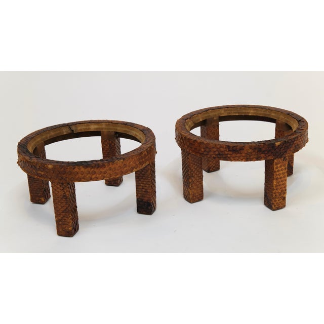 Victorian Pair of Vintage Mint Green Ceramic Planters on Wrapped Wood Stands For Sale - Image 3 of 17