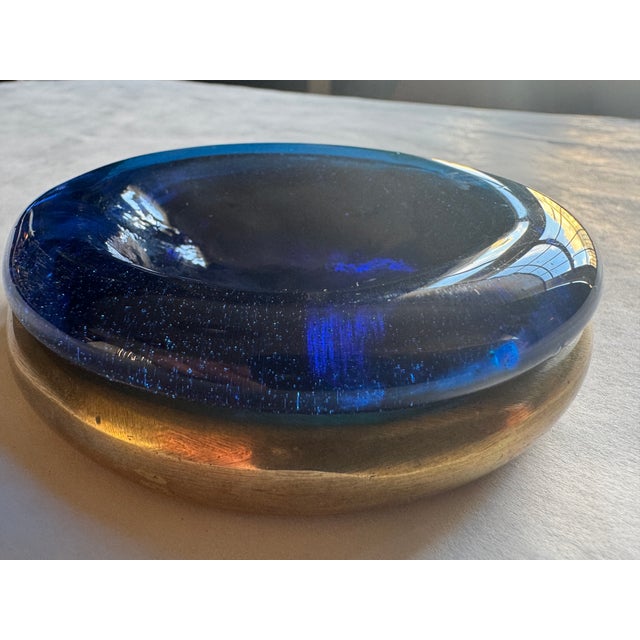 Hollywood Regency Bronze Mounted Cobalt Glass Trinket Dish For Sale - Image 3 of 8