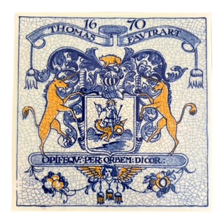 Dutch Delft Blue and White Porcelain Tile With Heraldic Coat of Arms For Sale