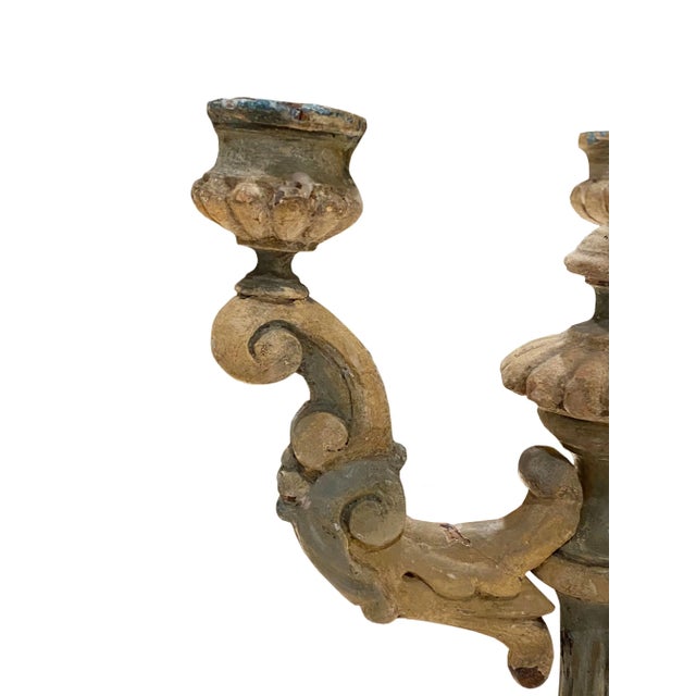 French Provincial 18th. Century French Blue Carved Wood Candelabrums - a Pair For Sale - Image 3 of 7