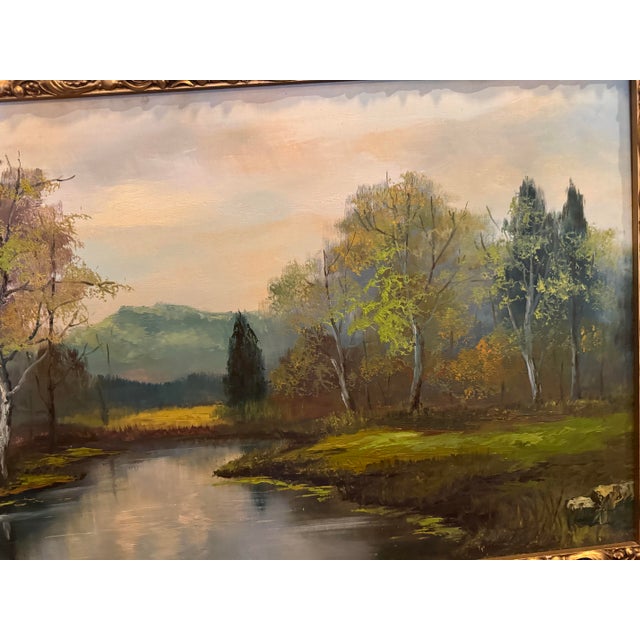 1950s Vintage Mid-Century Landscape Oil Painting on Board, Signed “C. Fai” – Framed River Scene, 1950s–1960s [Sr] For Sale - Image 5 of 8