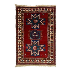 Vintage Caucasian Kazak Red Wool Rug With Geometric Motif