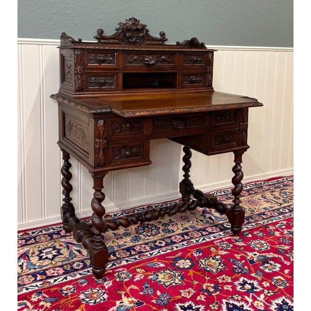 Antique French Petite Barley Twist Desk Carved Oak Renaissance Revival c.1890 For Sale - Image 9 of 18
