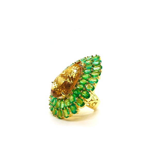 Bochic “Orient” Vintage Emerald & Honey Citrine Ring Set In 18K Gold & Silver For Sale - Image 4 of 18