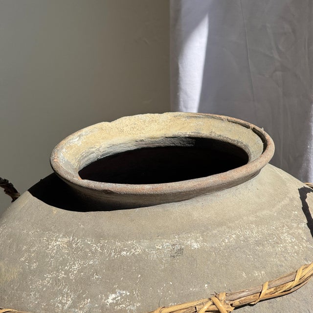 Large Light Grey Terracotta Pot with Rattan Handles and Crossbars, 1960s For Sale - Image 10 of 11