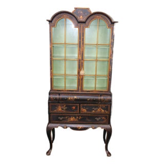 Chinoiserie Ebonized and Paint Decorated Georgian Style 1960's China Cabinet For Sale