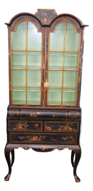 Chinoiserie Ebonized and Paint Decorated Georgian Style 1960's China Cabinet